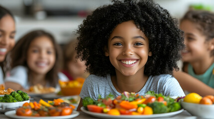 Happy girl at a family meal with healthy food