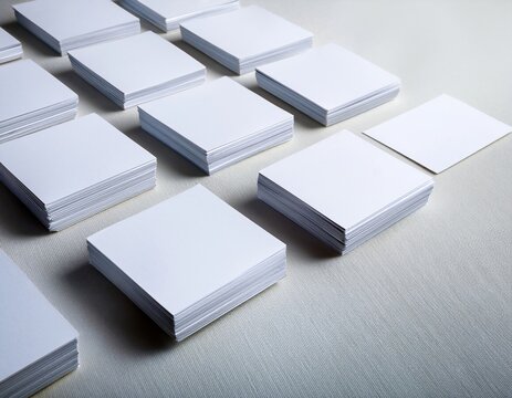 Blank cards arranged in organized stacks on a soft surface for creative use, mockup