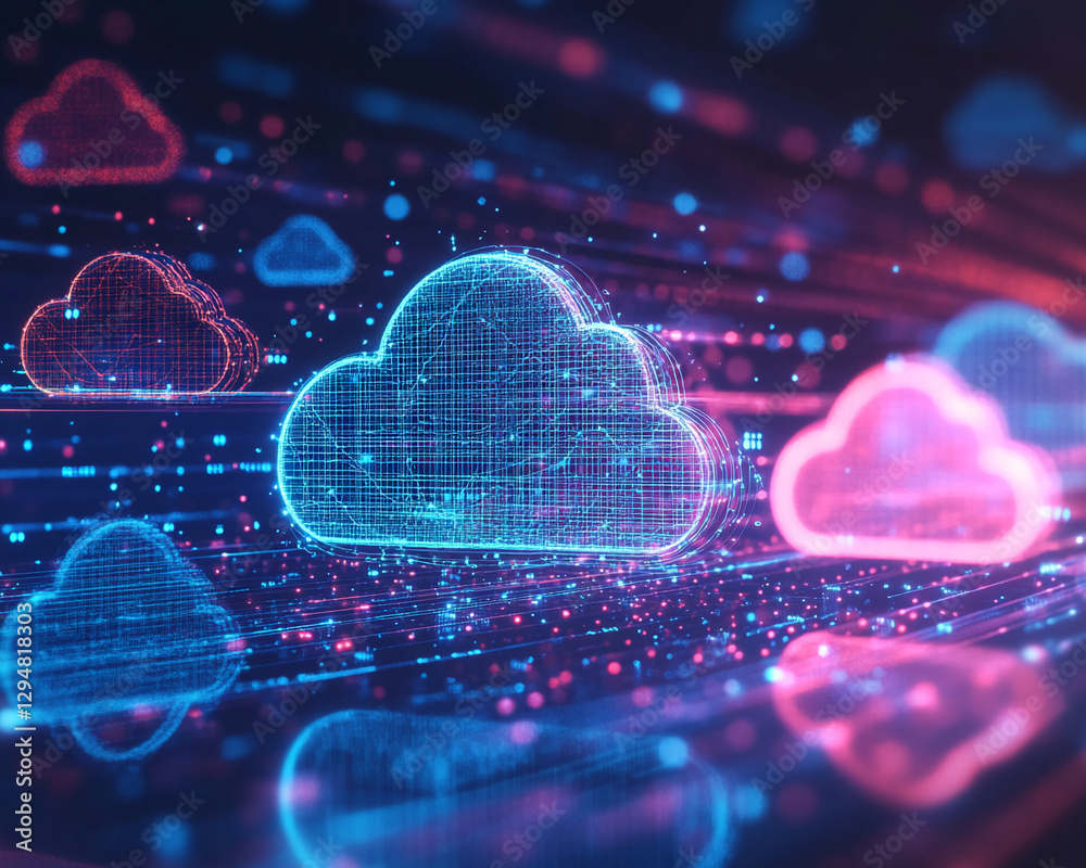Poster Futuristic digital representation of clouds with glowing lines and data streams, symbolizing cloud computing, technology, and the flow of information in the digital era.