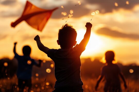 Silhouettes of children joyously flying a kite against a breathtaking sunset, encapsulating the essence of childhood freedom, happiness, and leisure outdoors.