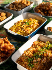 Seafood buffet with many choices of dishes in vibrant colors
