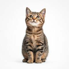 Obraz premium Kätzchen sitzt neugierig auf hellem Hintergrund und schaut zur Kamera