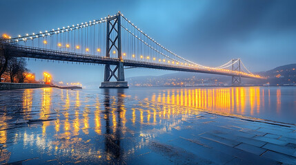 Obraz premium Misty Night Bridge Reflection over Frozen River
