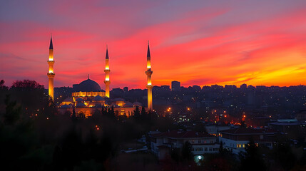 Illuminated mosque at sunset over city skyline
