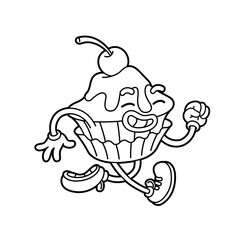 Running muffin – adorable and cheerful pastry illustration. Line dark. Cartoon sticker in comic style with contour. Modern flat style vector illustration clipart.