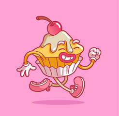 Living dessert: smiling cupcake with frosting and cherry. Modern flat style thin line vector illustration isolated on pink background.