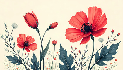 Red Poppies and Wildflowers Botanical Illustration