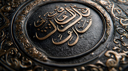 Islamic calligraphy, ornate black metal plate