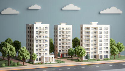 Residential area with modern apartment buildings, papercraft. with white shades