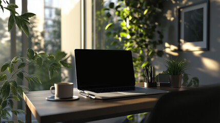 Fototapeta premium Home Office Work Table with Laptop Black Screen of Laptop with Mouse Interior Design for Freelancer Minimalist Indoor for Working in Room Chic Home Office with Cozy Modern Indoor Workspace