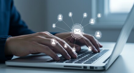 Typing on Laptop with Overlayed Digital Communication Network Diagram