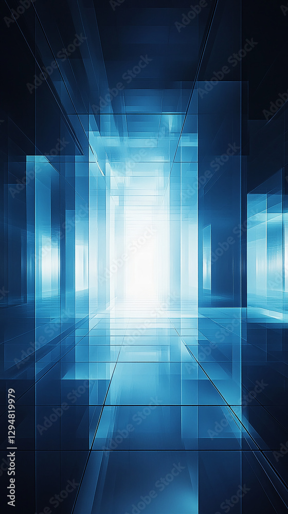 Poster futuristic digital corridor with transparent glass panels creating a sense of depth and perspective,