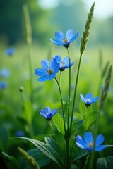 Blue forget-me-nots bloom amidst tall scorpion grasses, wildflowers, blue flowers, greenery