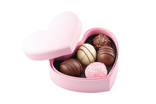 Heart Shaped Pink Gift Box of Chocolates with Lid Isolated on White and Png Transparent Background