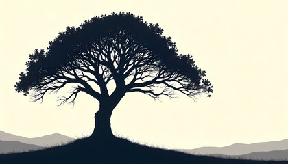 Solitary Tree Silhouette on Hilltop at Dawn