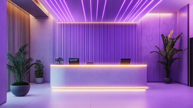 Modern Reception Desk Purple Neon Lights Minimalist Office Interior Design Luxury Hotel Lobby Stylish Contemporary Purple Walls Plants Elegant        