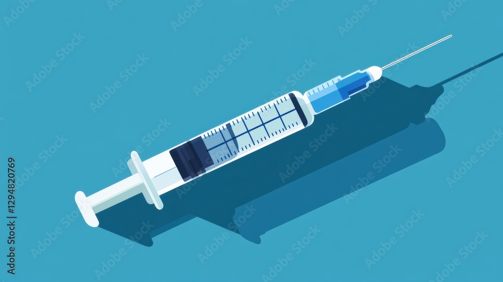 Poster Detailed view of a syringe on a blue background showing its components and design features. Generative AI