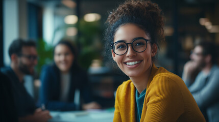 Fototapeta premium Title: Young Latinx Woman Leading Brainstorming Session in Coworking Space