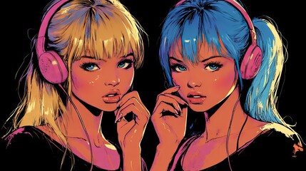 Naklejka premium Two girls with headphones in pop art style.