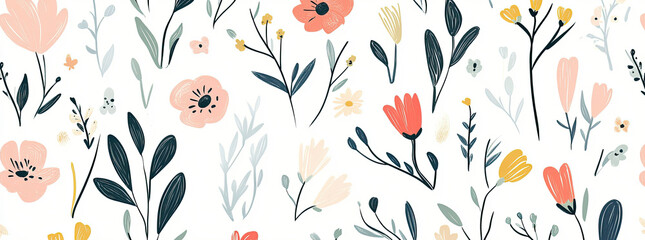 A floral pattern featuring various colorful flowers and greenery on a light background.