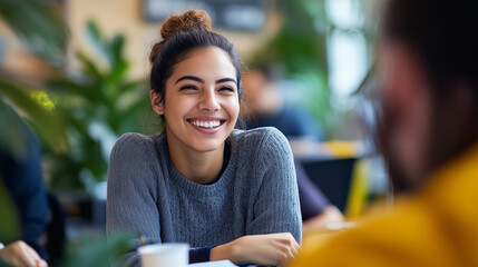 Title: Young Latinx Woman Leading Brainstorming Session in Coworking Space
