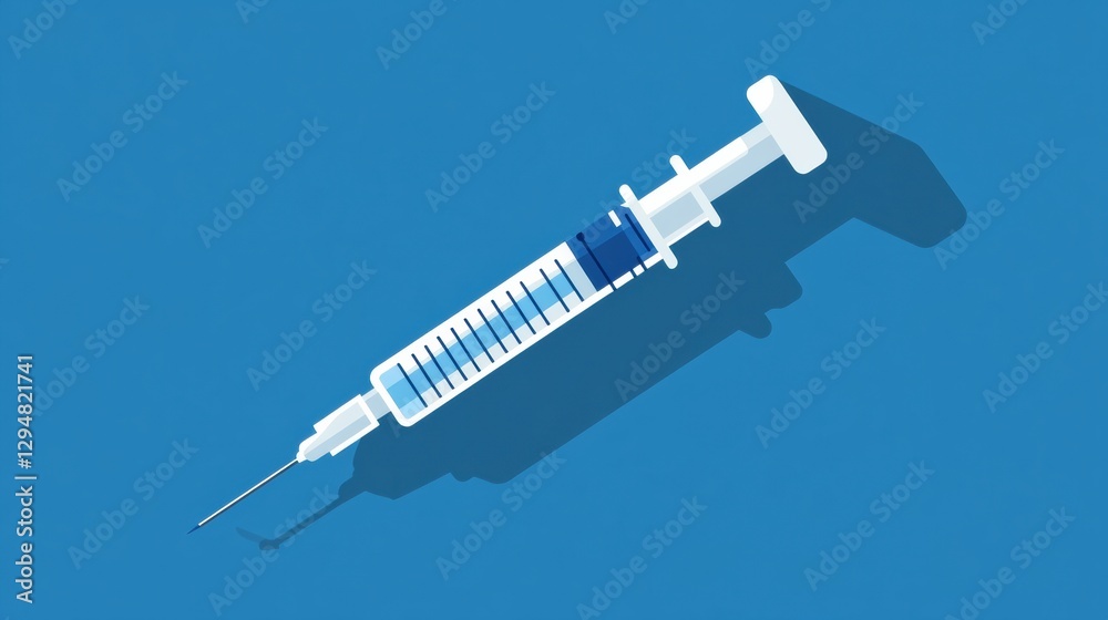 Poster Syringe lying on a blue background with a clear needle and measurement markings visible for medical use. Generative AI