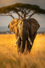 Obraz premium Majestic African Elephant Roaming the Golden Savanna at Sunset - A True Safari Experience