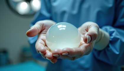  Surgeon Holding Translucent Silicone Breast Implant in Surgical Gloves