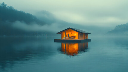 Fototapeta premium Misty Lake Cabin on Floating Dock at Dusk