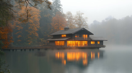 Fototapeta premium Misty Lakeside Cabin at Dawn