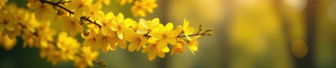 Dense yellow flowers cascade down a branch in autumn, nature, flowers, blooms
