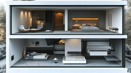 Modern Two-Story Home Interior Cross-Section