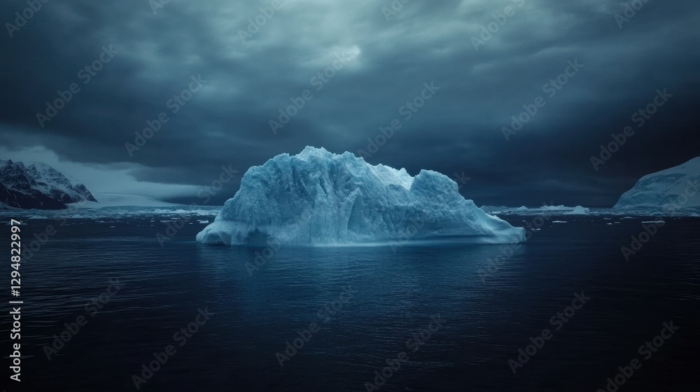 Aufkleber melting iceberg drifts in dark blue waters under a clear, empty sky for possible text overlay. gener