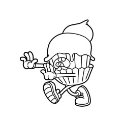 Scared zombie cupcake – funny cartoon character in terror. Line dark. Cartoon sticker in comic style with contour. Modern flat style vector illustration clipart.