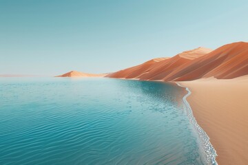 Ilustración de un paisaje de arena y agua, ilustración de dunas del desierto y un oasis