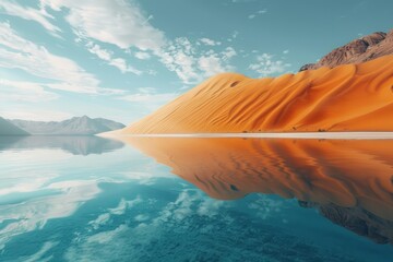Ilustración de un paisaje de arena y agua, ilustración de dunas del desierto y un oasis