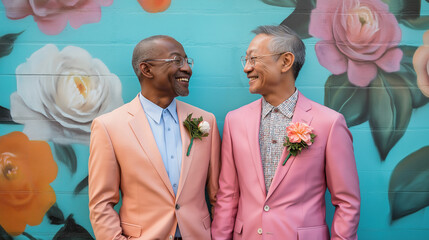 Smiling Elderly Gay Couple in Pastel Suits – LGBTQ+ Love and Marriage