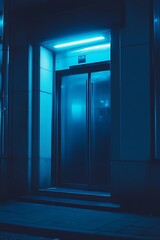 a dark blue elevator in a building at night