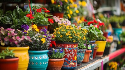 Colorful potted flowers in a vibrant outdoor market display.