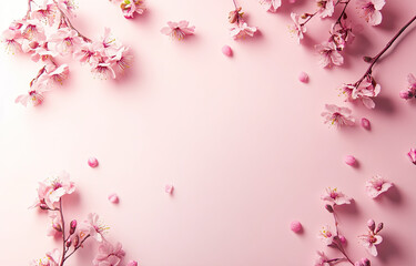 Naklejka premium A serene arrangement of pink cherry blossoms on a soft pink background.