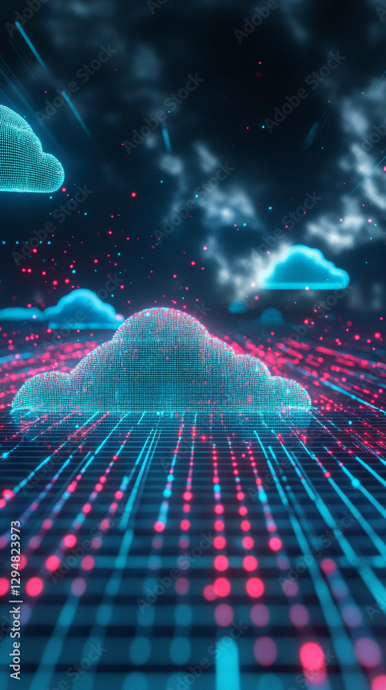 Poster Abstract digital cloud data network with glowing particles, representing cloud computing, data storage, and futuristic technology concepts in a glowing neon style.