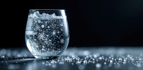 Frosty glass with intricate ice crystals and subtle snowflakes against a black background, dark, frosty, grayscale