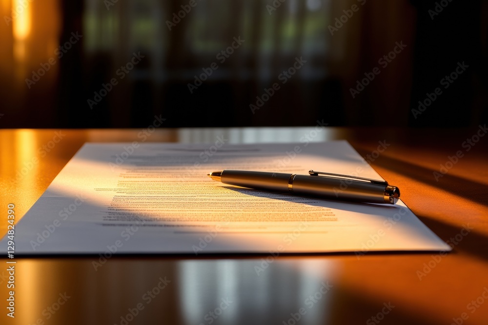 Poster Document rests on a wooden table with a pen under warm sunlight during late afternoon hours. Generative AI
