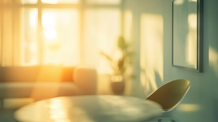 Warm Sunlight Illuminates Modern Living Room Interior Design Cozy Home Apartment Soft Golden Light Rays Through Window Peaceful Atmosphere Relaxing   