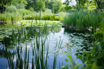 Obraz premium A tranquil pond surrounded by lush green reeds and grasses, creating a serene and peaceful atmosphere, Serene pond surrounded by tall reeds and grasses