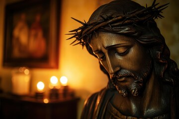 wooden jesus statue with a crown of thorns standing in a dimly lit room warm candlelight casting soft shadows solemn and reverent rich browns spiritual depth