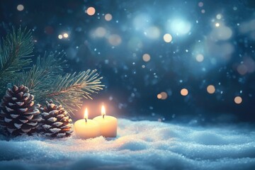 Snowy Winter Candlescape with Pine; Festive Holiday Background