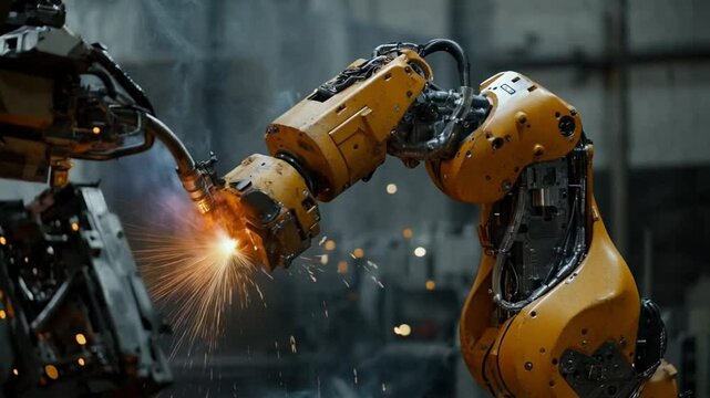 Skillful welding robot industrial arm scene, smooth repetitive motion for background video animation