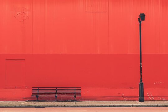 A single bench sits in front of a bright red wall with a tall streetlight on the right, A minimalist composition featuring a stark red background with a single, striking focal point