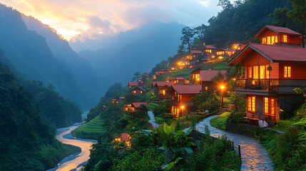 Fototapeta premium Mountain village at sunset, glowing cabins